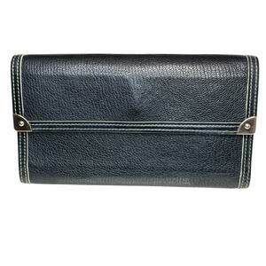 Louis Vuitton Suhali Black Leather Long Wallet w/ Beige Trim Gold Hardware